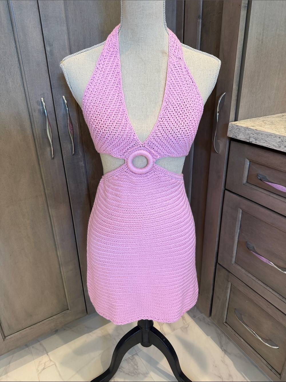ELAN Brand Pink Crochet Halter Mini Dress with Ring Detail